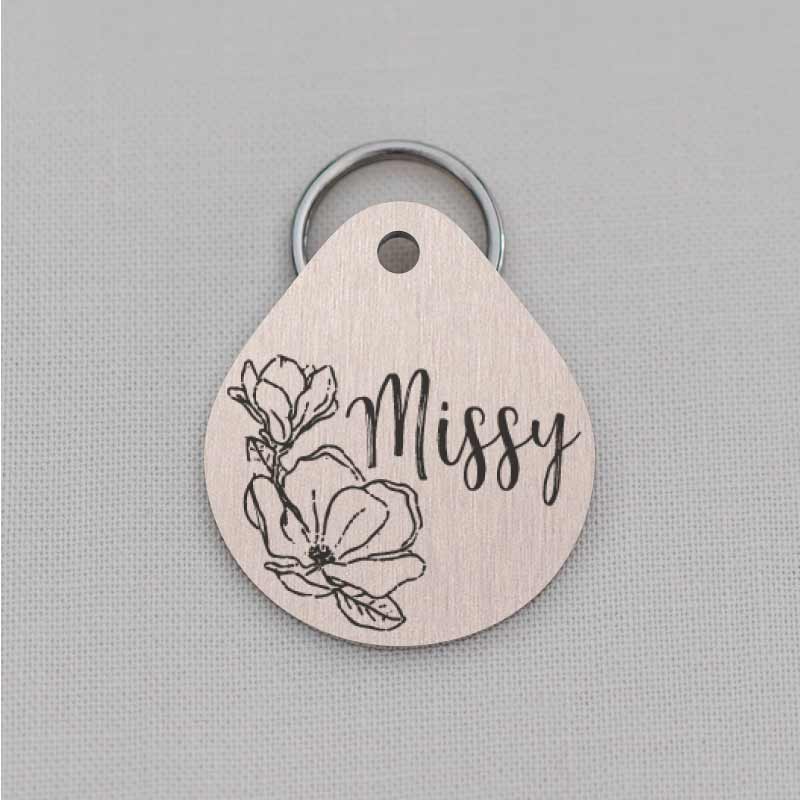 Teardrop Laser Engraved Dog Tag for Dog, Floral Series, LPT053