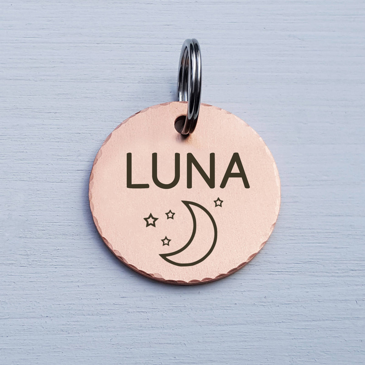 Engraved Round Dog Tag, Custom Pet ID Tag, Whimsical Gift, Personalized Cat Tag, Double Sided, Fun, Cute Collar Tag, Rose Gold, LPTC10109