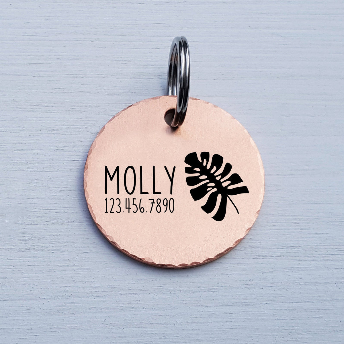 Round Dog Tag, Custom Pet ID Tag, Whimsical Gift, Personalized Cat Tag, Double Sided, Fun, Cute Collar Tag, Rose Gold, Leaf, LPTC10145