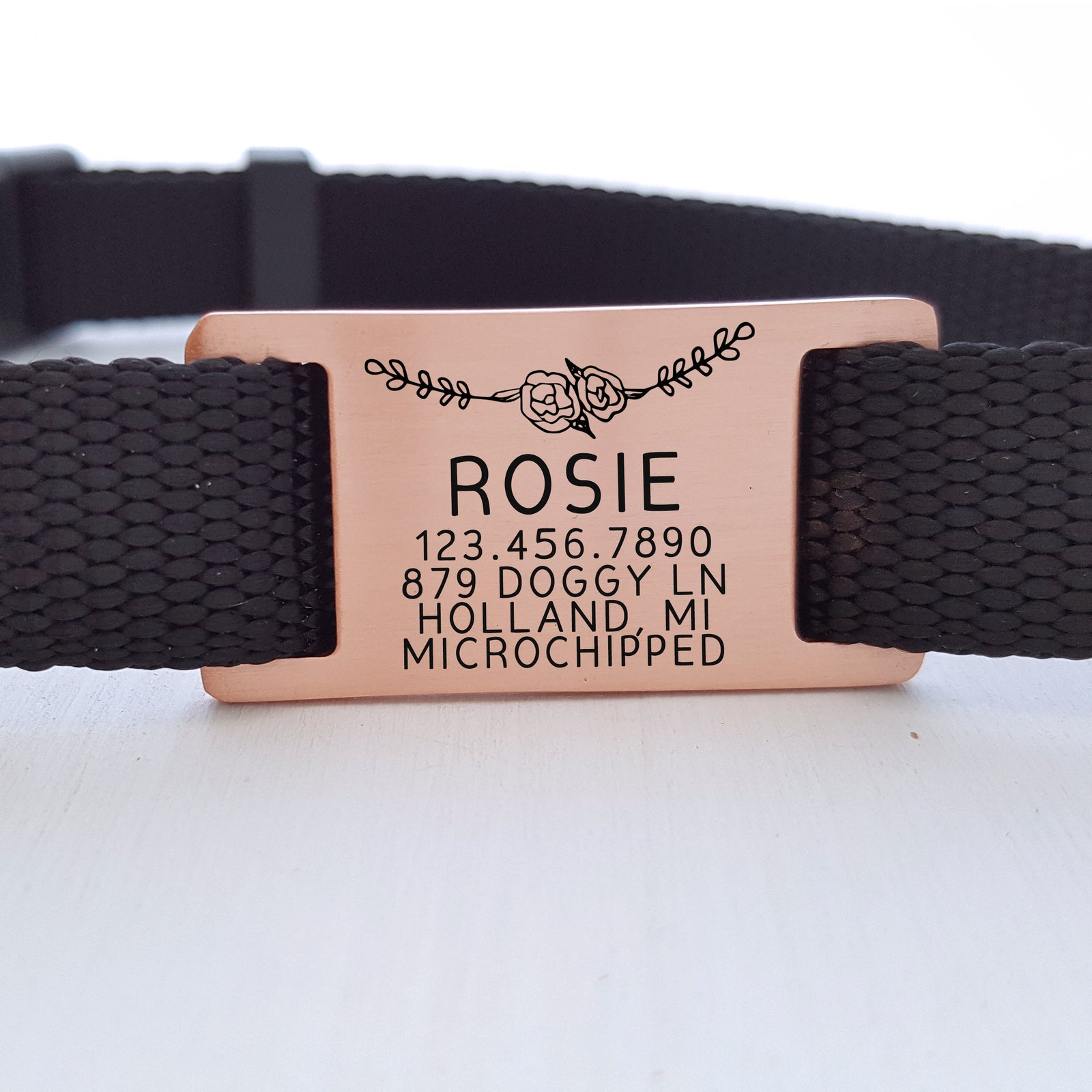 Silent Dog Tag, Custom Pet ID Tag, Whimsical Gift, Personalized Cat Tag, Double Sided, Fun, Cute Collar Tag, Rose Gold, Garland, LPTC10152