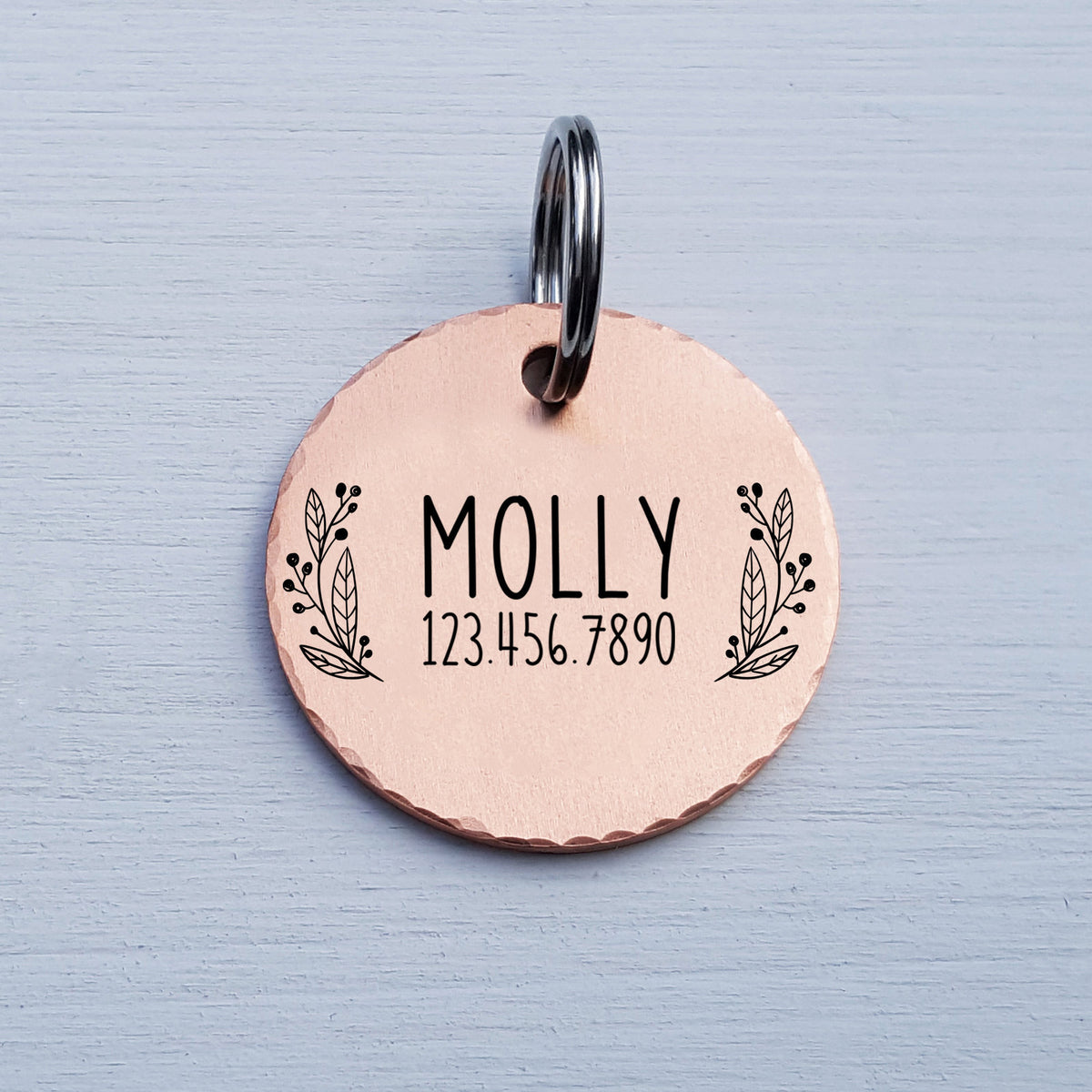 Round Dog Tag, Custom Pet ID Tag, Whimsical Gift, Personalized Cat Tag, Double Sided, Cute Collar Tag, Rose Gold, Garland, LPTC10128
