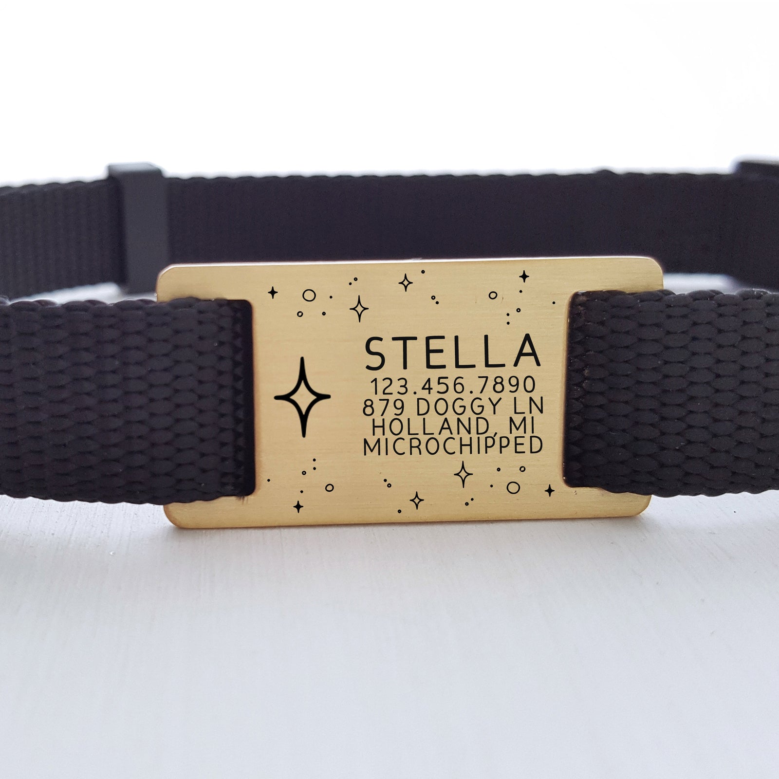 Engraved Brass Dog Tag, Designer Pet ID, Night Sky, Stars, Custom Name, Silent, Quiet, Slider for Collar, Gift for Christmas, LPTC10149