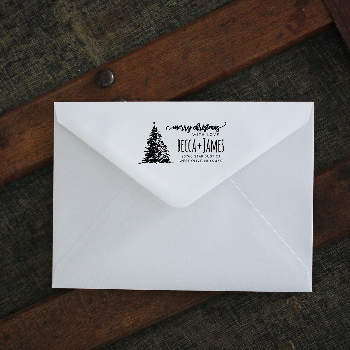 Modern Christmas Return Address Stamp, Merry Christmas Card, Cute Hand-drawn Tree, Pre Inked, For New Home Owner, NOT Self Inking, IGC10018