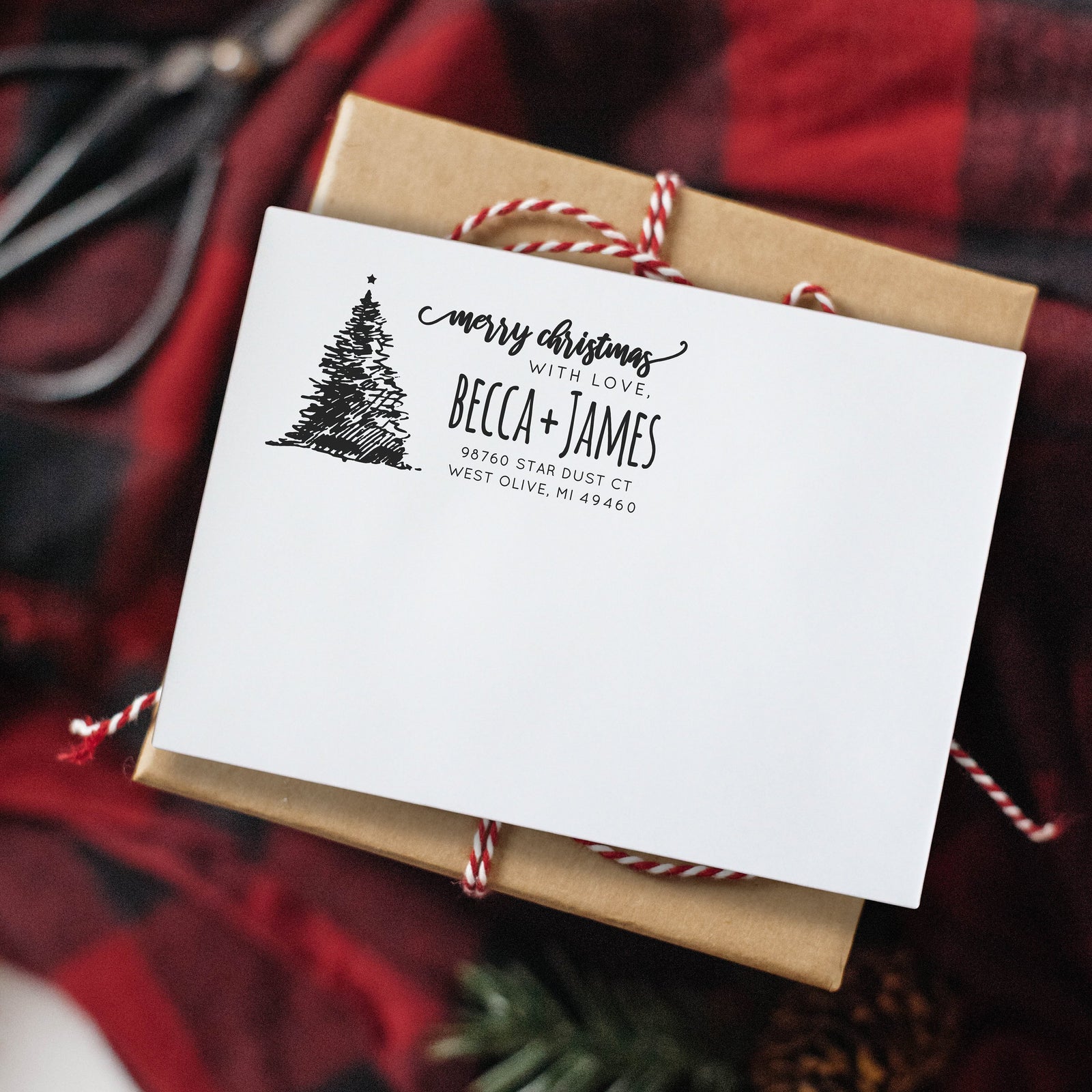 Modern Christmas Return Address Stamp, Merry Christmas Card, Cute Hand-drawn Tree, Pre Inked, For New Home Owner, NOT Self Inking, IGC10018