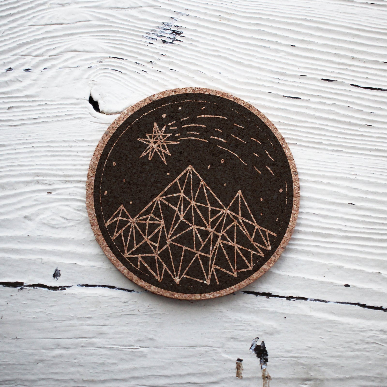 Laser Engraved Custom Cork Coaster, Laser-, Geometric Mountain, Shooting Star, Personalized Wedding Gift, LGC10476