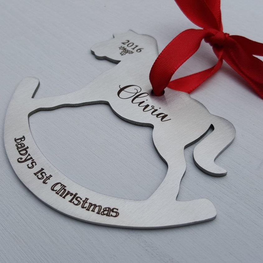 Laser Engraved Personalized Baby's First Christmas Ornament, Rocking Horse Shaped, Custom Gift, Stainless Steel, LGC10180