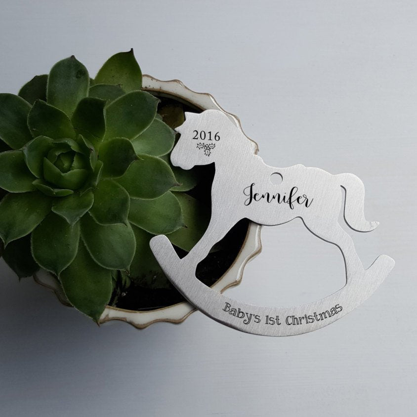Laser Engraved Personalized Baby's First Christmas Ornament, Rocking Horse Shaped, Custom Gift, Stainless Steel, LGC10180