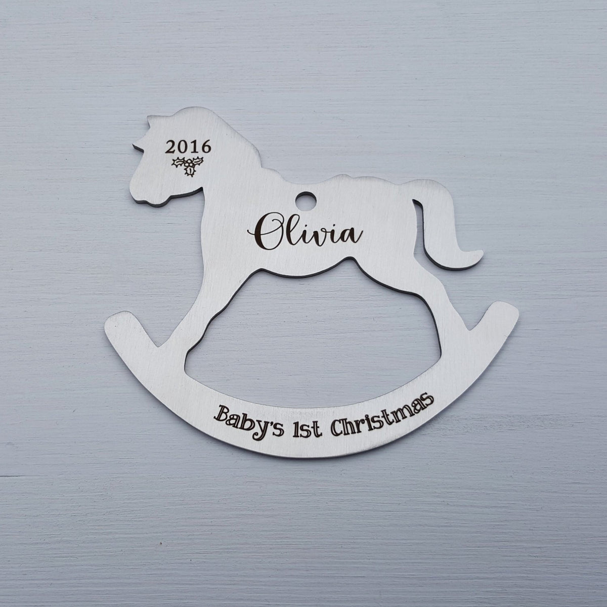 Laser Engraved Personalized Baby's First Christmas Ornament, Rocking Horse Shaped, Custom Gift, Stainless Steel, LGC10180