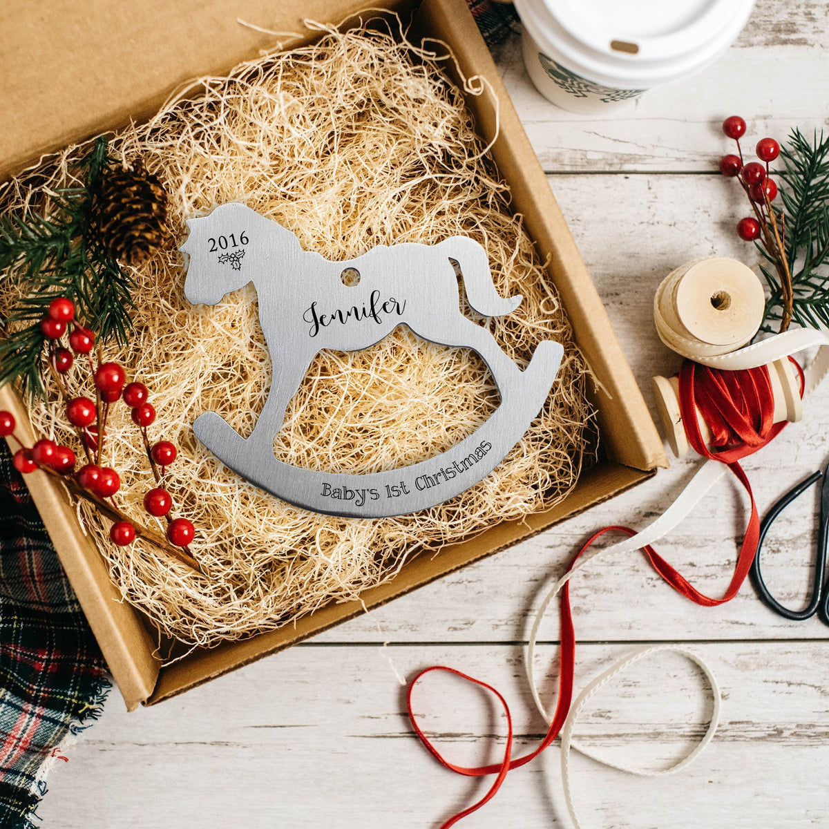 Laser Engraved Personalized Baby's First Christmas Ornament, Rocking Horse Shaped, Custom Gift, Stainless Steel, LGC10180