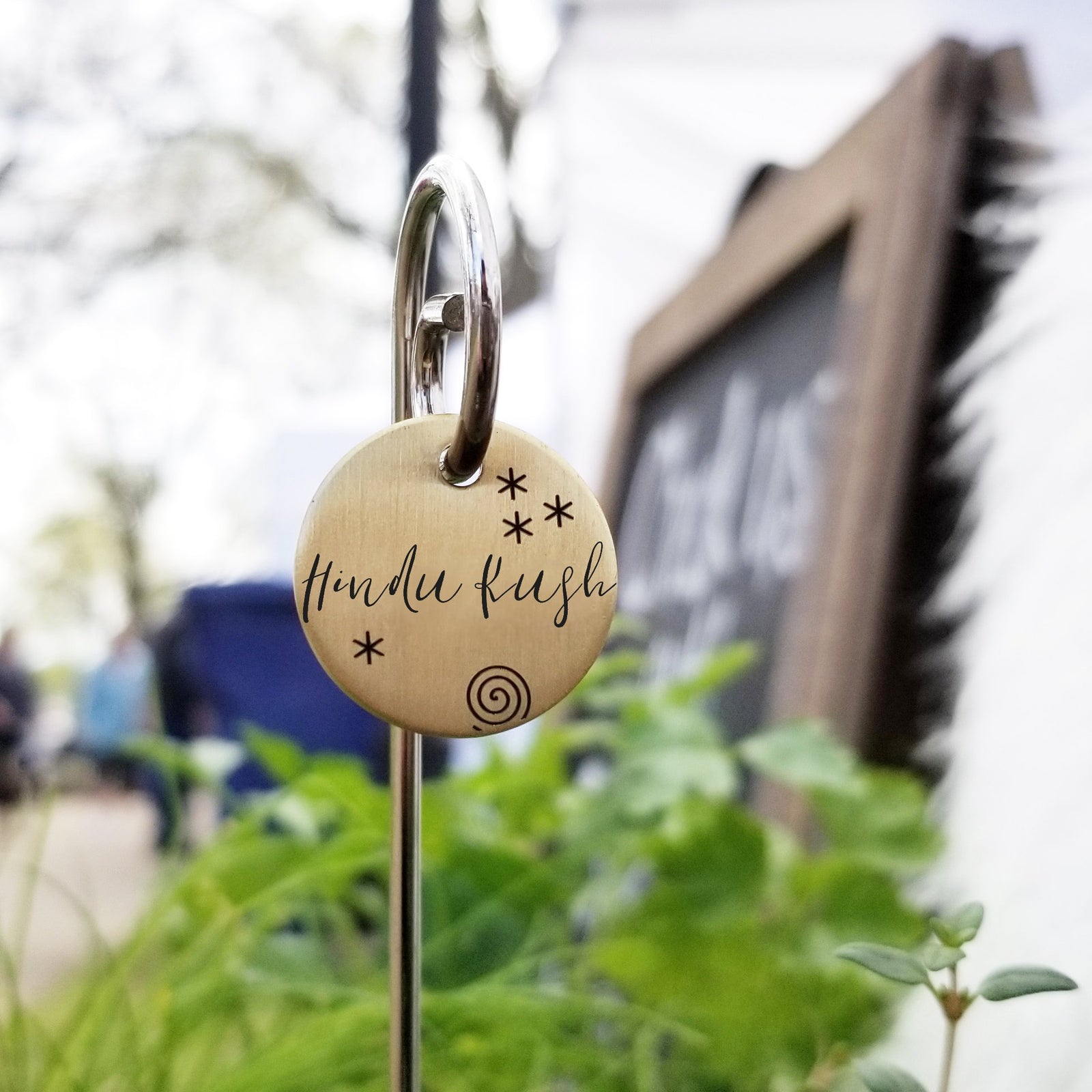 Laser Engraved Marijuana Plant Markers, Grower Gift, For Gardener, Gold Brass Herb Tag, Weed Labels with Swirly Stakes, FAM10033