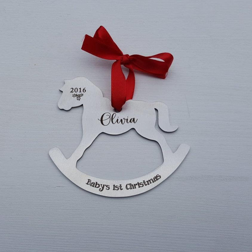 Laser Engraved Personalized Baby's First Christmas Ornament, Rocking Horse Shaped, Custom Gift, Stainless Steel, LGC10180