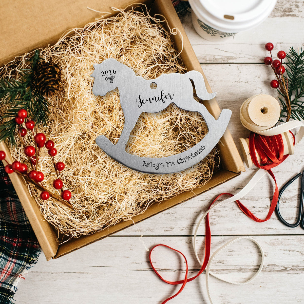Laser Engraved Personalized Baby's First Christmas Ornament, Rocking Horse Shaped, Custom Gift, Stainless Steel, LGC10180