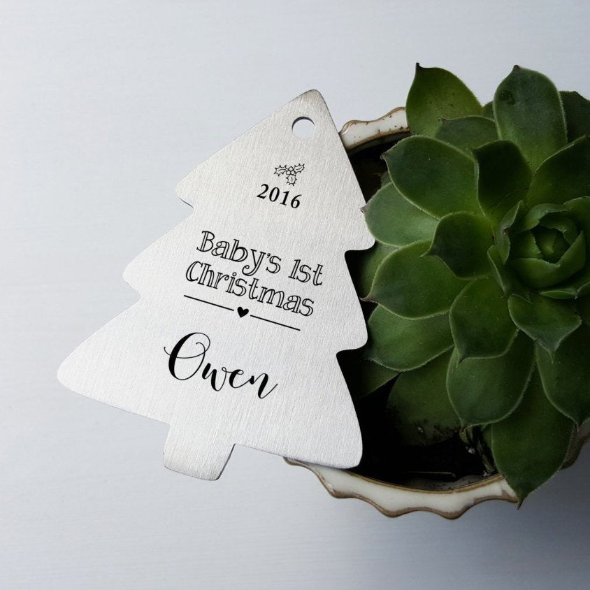 Laser Engraved Personalized Baby's First Christmas Ornament, Tree-shaped, Custom Gift, Stainless Steel, LGC10181