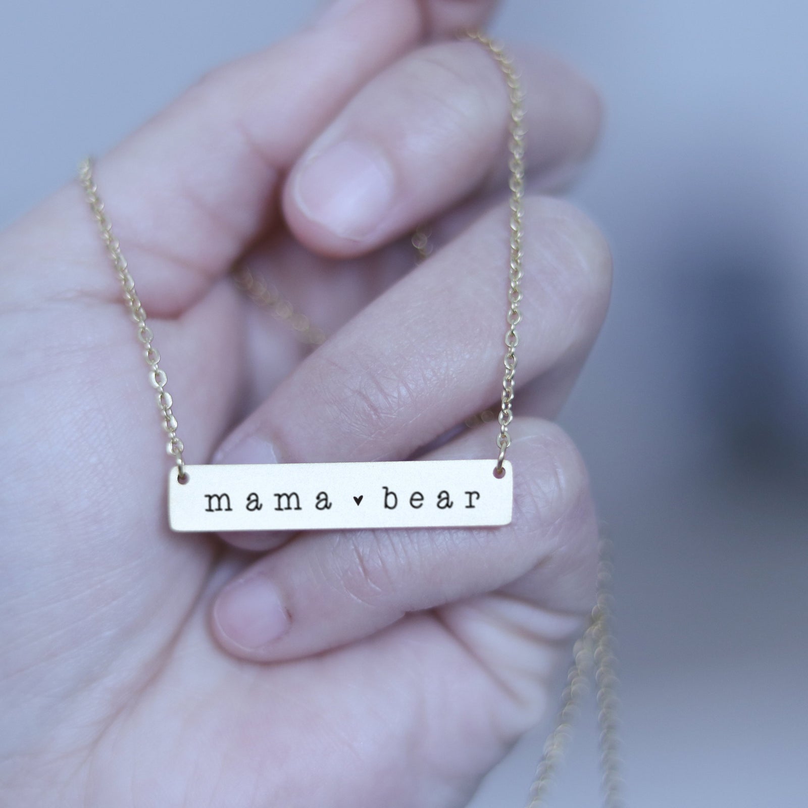 Laser Engraved Minimal Personalized Bar Necklace, Mama Bear, Gift for Wife or Friend, Blush, Rose Gold, LXJC100227