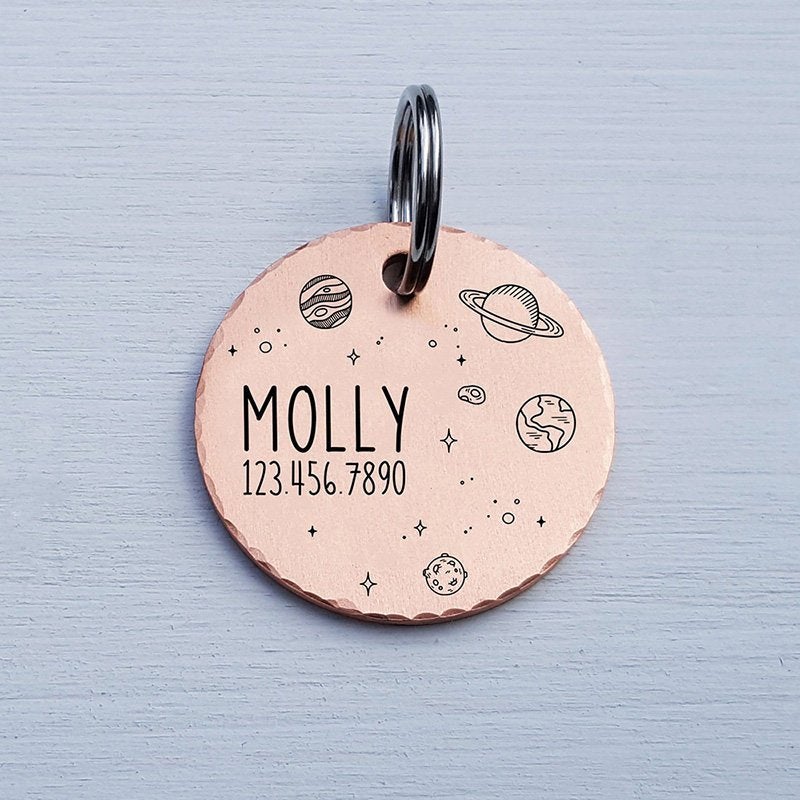 Round Dog Tag, Custom Pet ID Tag, Whimsical Gift, Personalized Cat Tag, Double Sided, Fun, Cute Collar Tag, Rose Gold, Planets, LPTC10146