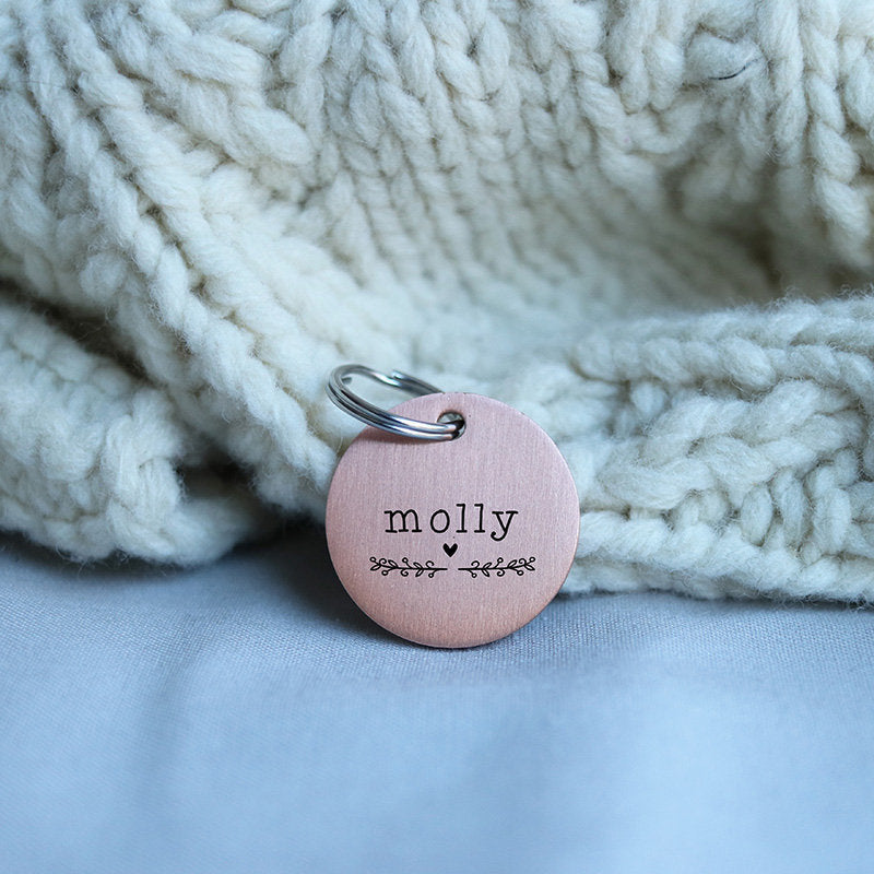 Engraved Round Dog Tag, Custom Pet ID Tag, Whimsical Personalized Cat Tag, Double Sided, Cute Collar Tag, Floral Garland, LPTC10252