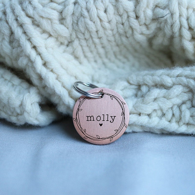 Engraved Round Dog Tag, Custom Pet ID Tag, Whimsical Personalized Cat Tag, Double Sided, Cute Collar Tag, Floral Wreath, LPTC10246