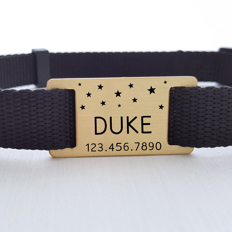 Engraved Brass Dog Tag, Designer Pet ID, Personalized Gift, Stars, Custom Name, Silent, Quiet, Slider for Collar, For Christmas, LPTC10140