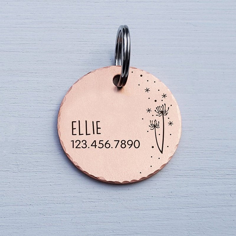 Round COPPER Small Dog Tag Personalized Large Pet Tag Pet Gift Fun Cute Dandelion Starburst Collar Tag Rose Gold Modern Pet Tag, LPTC10120