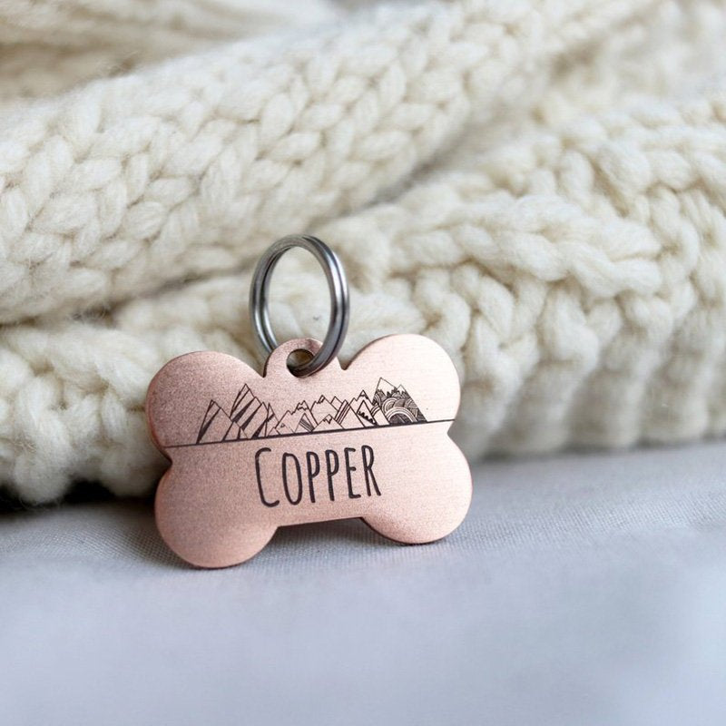Engraved Bone Dog Tag, Custom Pet ID Tag, Whimsical Gift, Personalized Cat Tag, Double Sided, Fun, Mountain Collar Tag, Rose Gold, LPTC10227