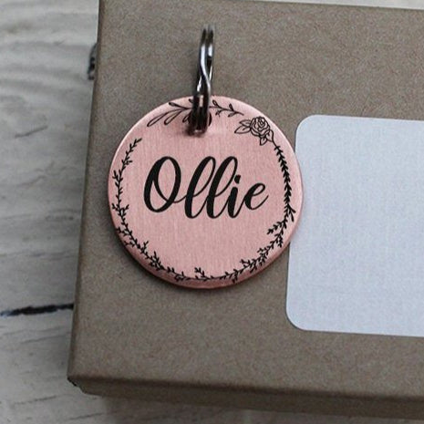 Engraved Floral Dog Tag, Custom Pet ID Tag, Whimsical Gift, Personalized Cat Tag, Double Sided, Fun, Cute Collar Tag, Rose Gold, LPTC10232