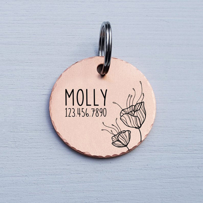 Round Dog Tag, Custom Pet ID Tag, Whimsical Gift, Personalized Cat Tag, Double Sided, Poppy Flower, Cute Collar Tag, Rose Gold, LPTC10144