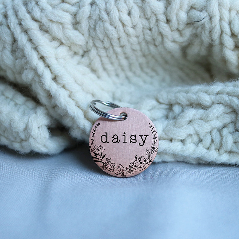 Engraved Round Dog Tag, Custom Pet ID Tag, Whimsical Personalized Cat Tag, Double Sided, Cute Collar Tag, Floral Wreath, LPTC10241