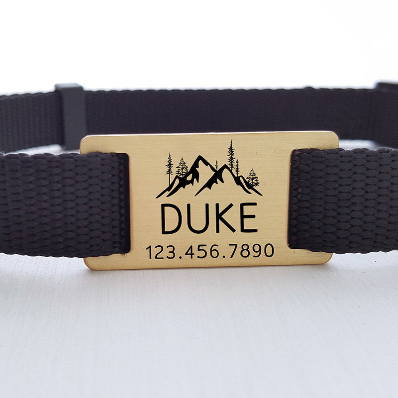Engraved Brass Dog Tag, Designer Pet ID, Mountains, Trees, Custom Name, Silent, Quiet, Slider for Collar, For Christmas, LPTC10141