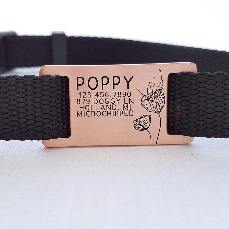 Silent Dog Tag, Custom Pet ID Tag, Whimsical Gift, Personalized Cat Tag, Double Sided, Fun, Cute Collar Tag, Rose Gold, Flower, LPTC10151