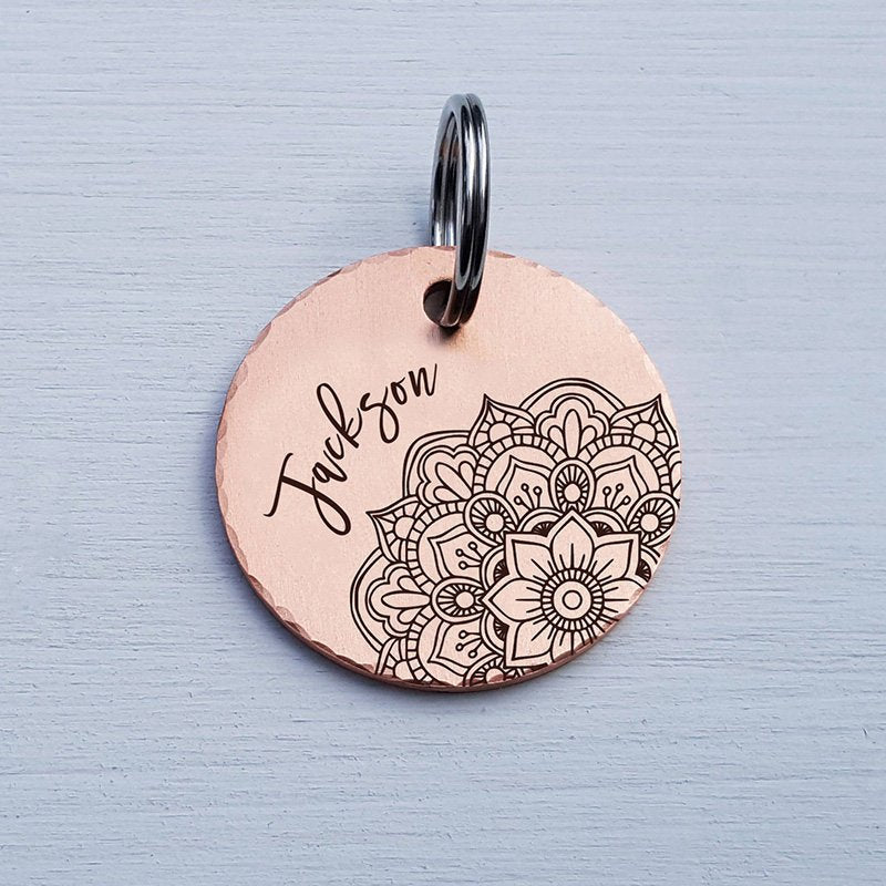 Round Dog Tag, Custom Pet ID Tag, Whimsical Gift, Personalized Cat Tag, Double Sided, Fun, Cute Collar Tag, Rose Gold, Mandala, LPTC10100