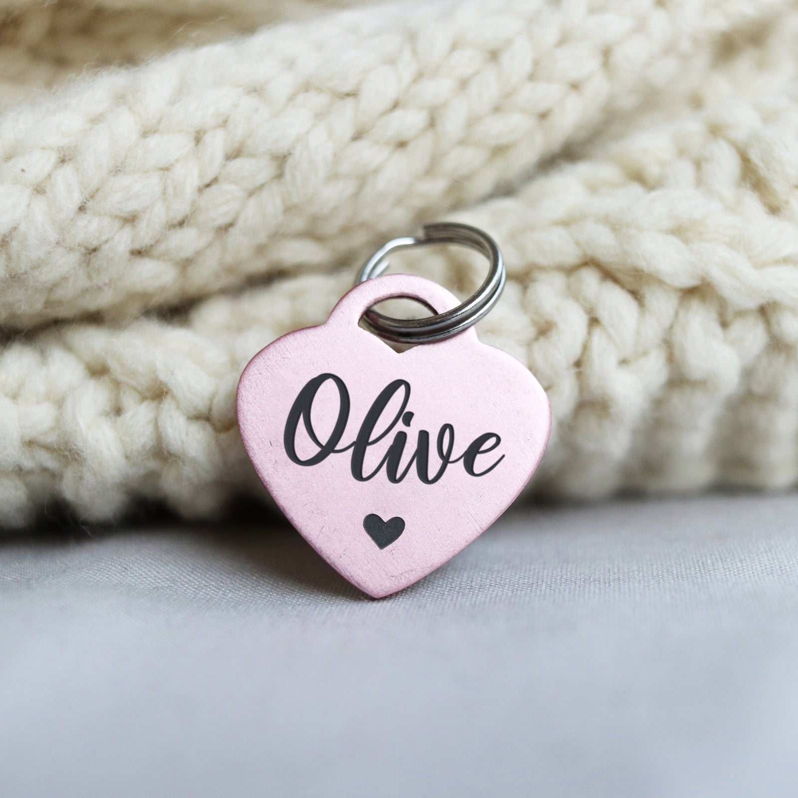 Engraved Blush Pink Dog Tag, Heart, Anodized Aluminum Personalized Pet ID, Rose Gold Modern Gift, Cute Font, For Christmas, LPTC10217